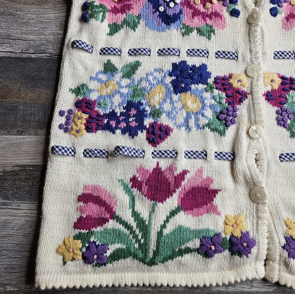 Jantzen Classics Handknit Vintage Sweater Vest Cream With Florals Size XL - Picture 5 of 14